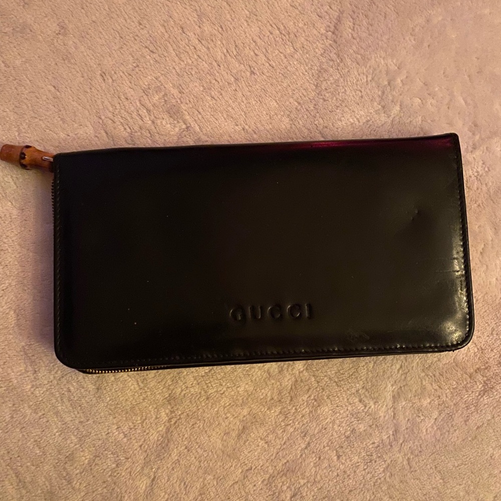 Gucci Black Leather Clutch with Bamboo Accent